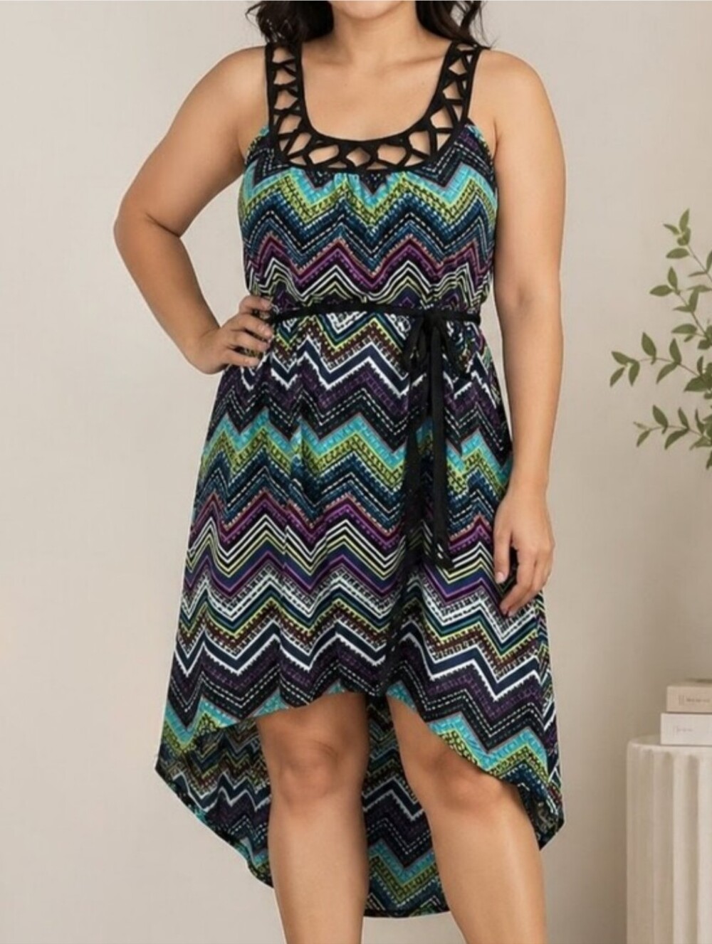 Belle Du Jour Multicolor Chevron High-Low Dress with Black Cutout Neckline